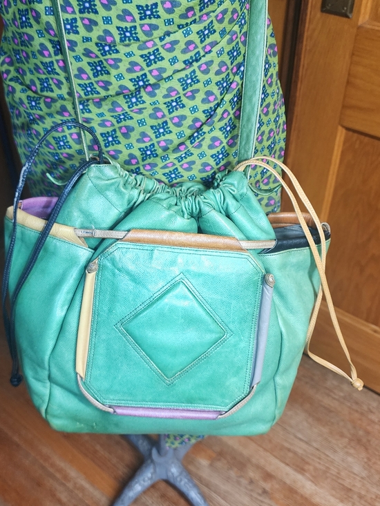 Sharif Handbags - Sharif Green Leather Drawstring Bucket Bag with Multicolor Trim